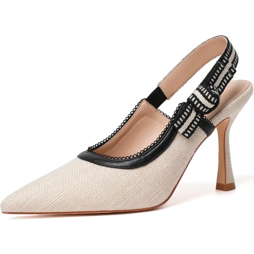 Women's Braided Beige High Kitten Heel Shoes Closed Pointed Toe Dress Pumps